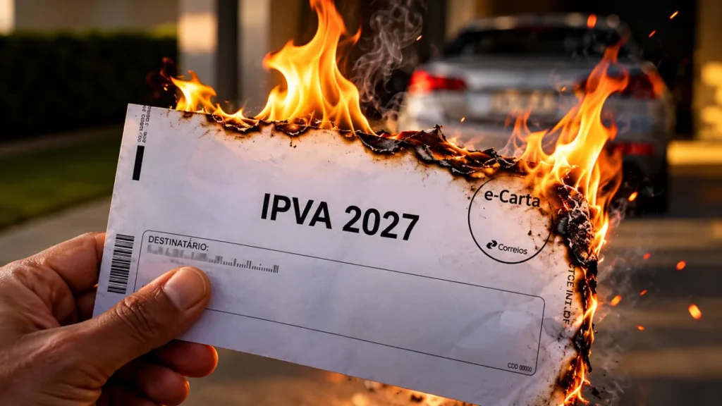 Ilustração de uma mão segurando um envelope com a inscrição IPVA 2027 em chamas, diante de um carro